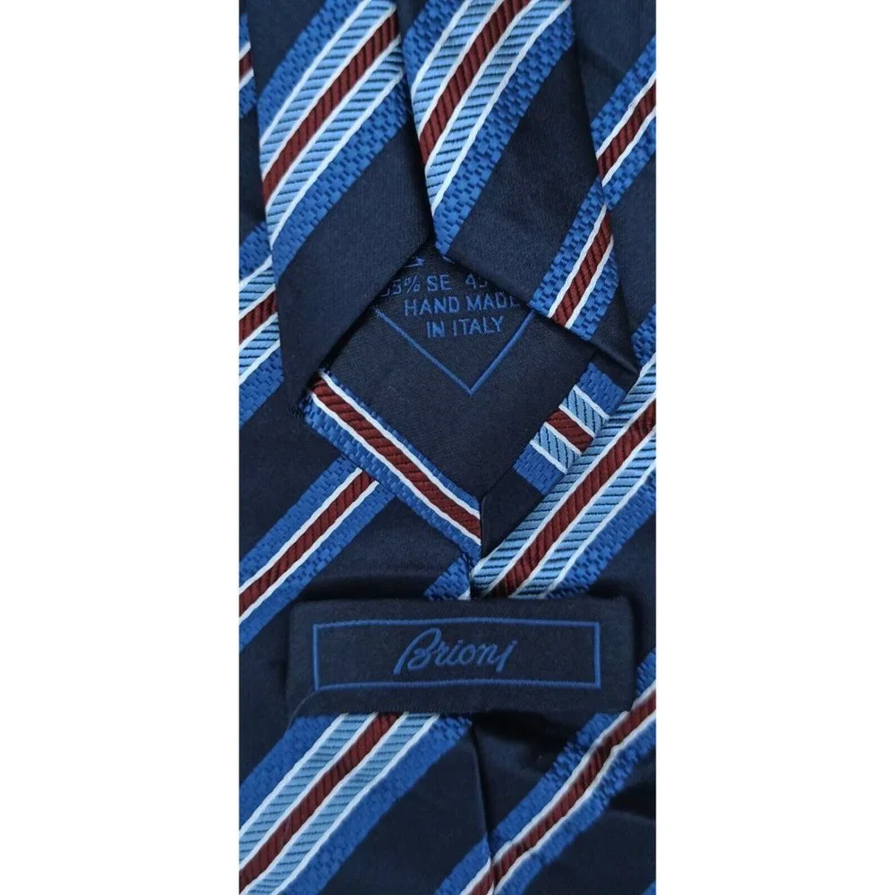 BRIONI Blue Striped Silk Tie HANDMADE ITALY 61